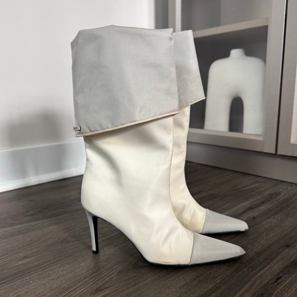 CHANEL Satin Sock White Grey Point Cap Toe Calf Booties 37 Pull On Metallic Trim